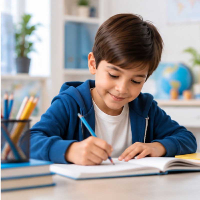 Niño concentrado realizando tareas escolares